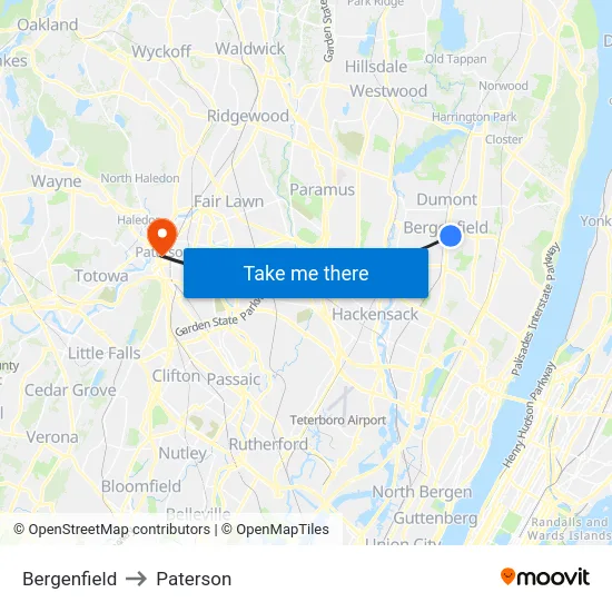 Bergenfield to Paterson map