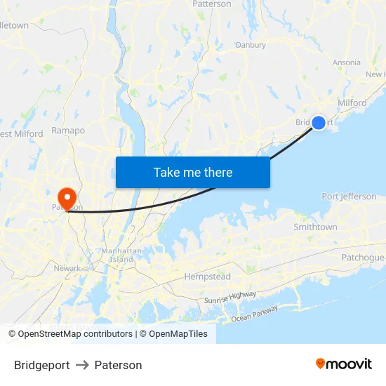 Bridgeport to Paterson map