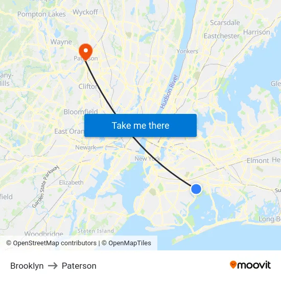 Brooklyn to Paterson map