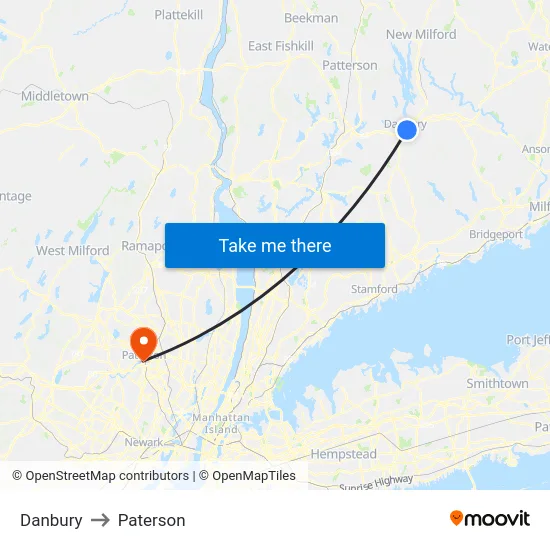 Danbury to Paterson map