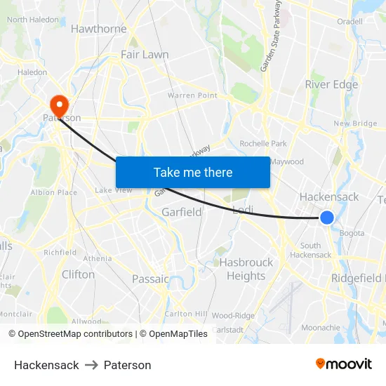 Hackensack to Paterson map