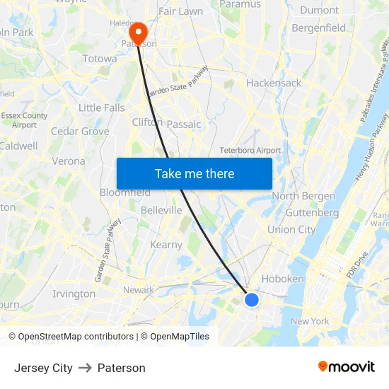 Jersey City to Paterson map
