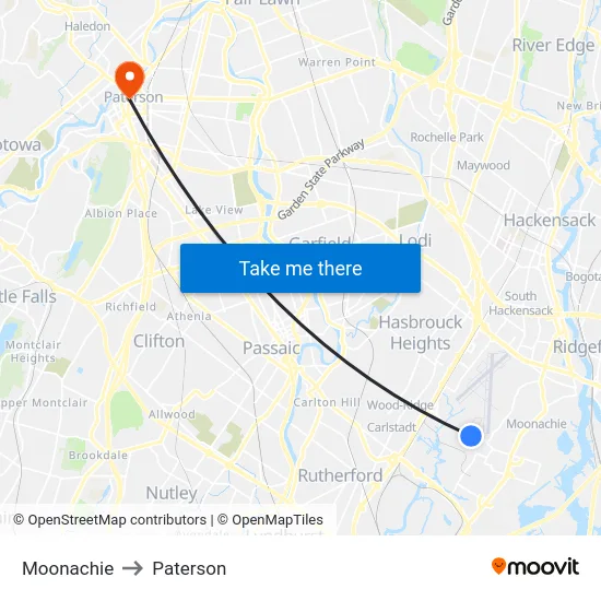 Moonachie to Paterson map