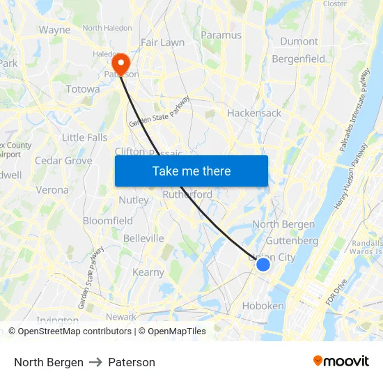 North Bergen to Paterson map