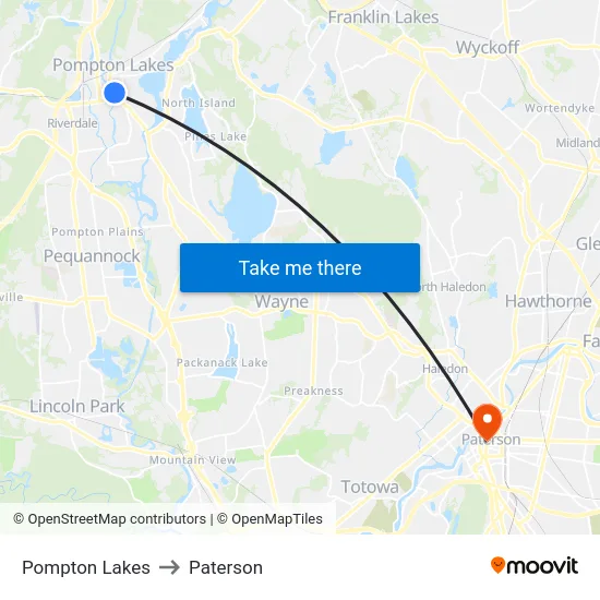 Pompton Lakes to Paterson map