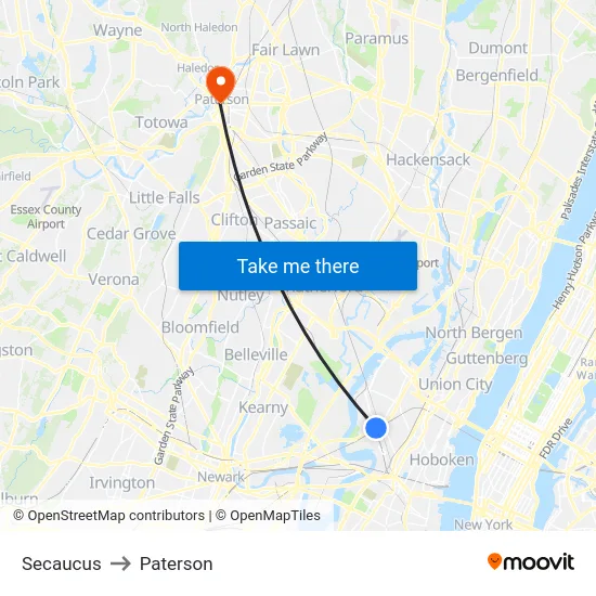 Secaucus to Paterson map