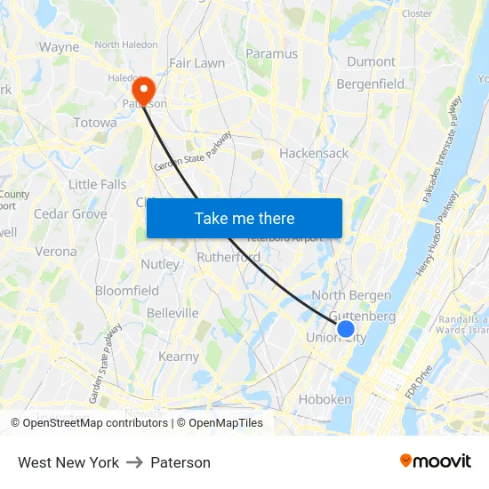 West New York to Paterson map
