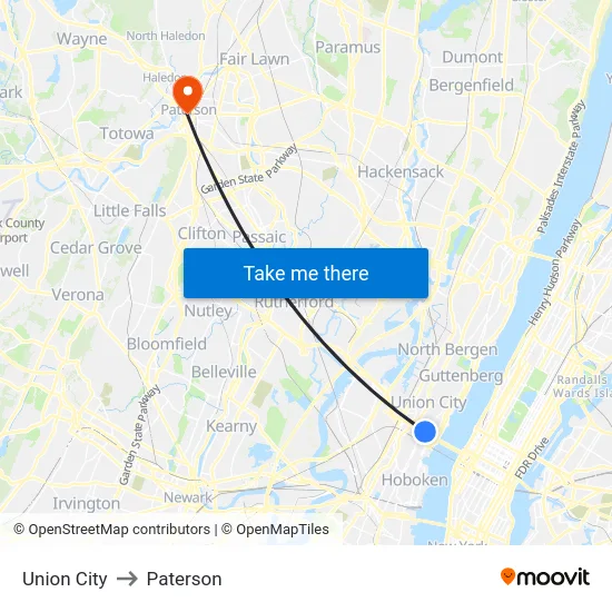 Union City to Paterson map