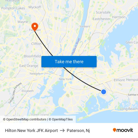 Hilton New York JFK Airport to Paterson, Nj map