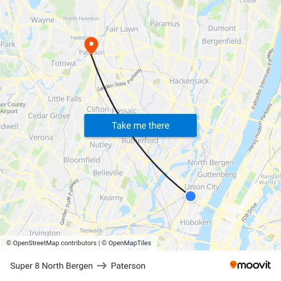Super 8 North Bergen to Paterson map
