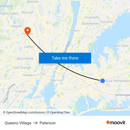 Queens Village to Paterson map