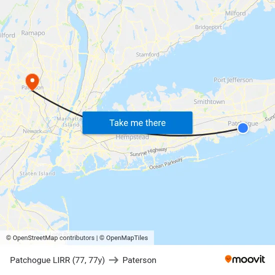 Patchogue LIRR (77, 77y) to Paterson map