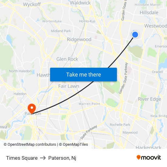 Times Square to Paterson, Nj map