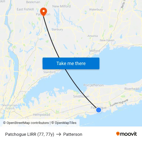 Patchogue LIRR (77, 77y) to Patterson map