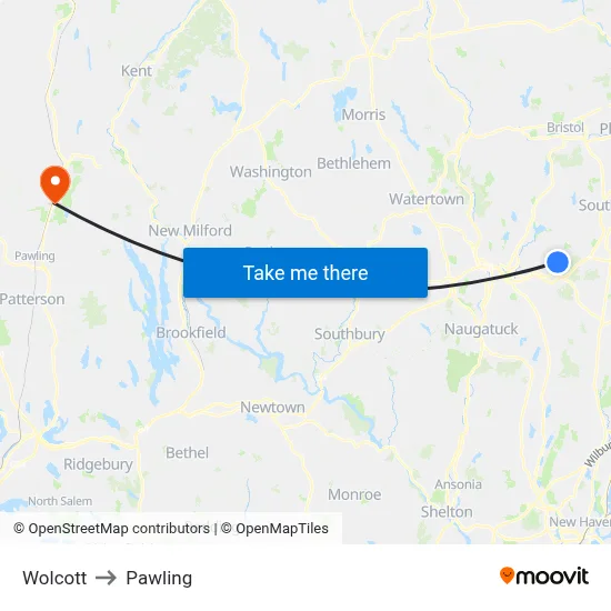 Wolcott to Pawling map