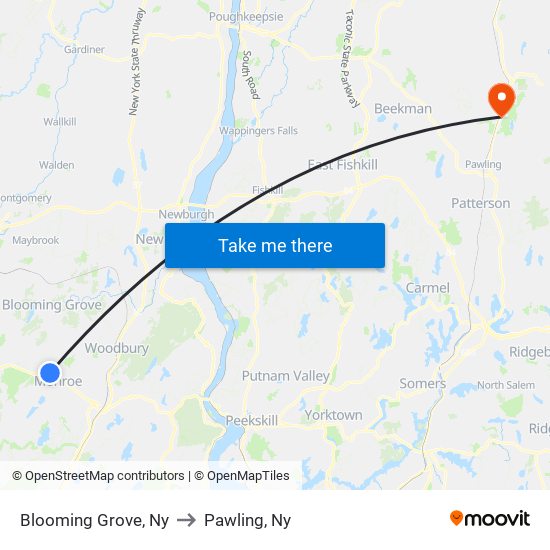 Blooming Grove, Ny to Pawling, Ny map