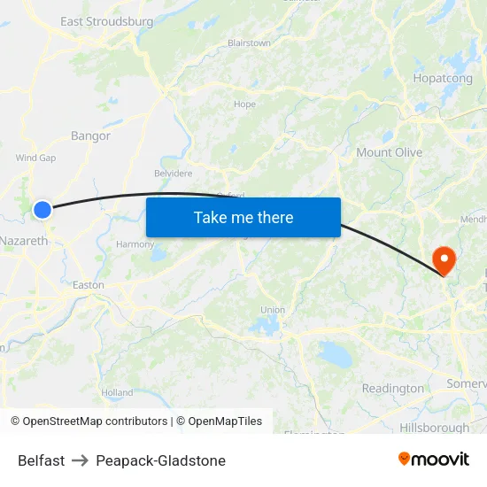 Belfast to Peapack-Gladstone map