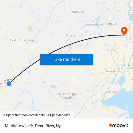 Middletown to Pearl River, Ny map