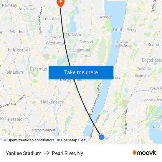 Yankee Stadium to Pearl River, Ny map