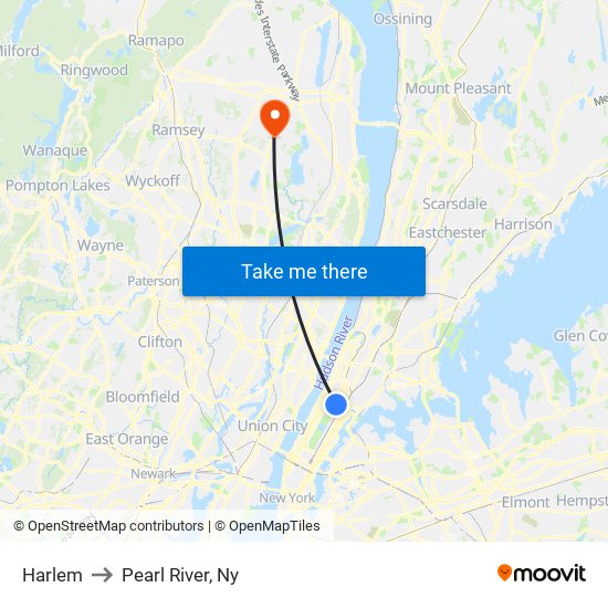 Harlem to Pearl River, Ny map