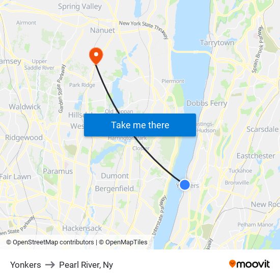 Yonkers to Pearl River, Ny map