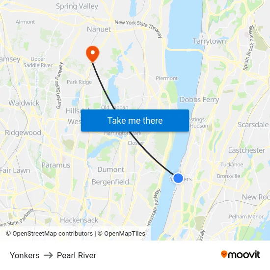 Yonkers to Pearl River map