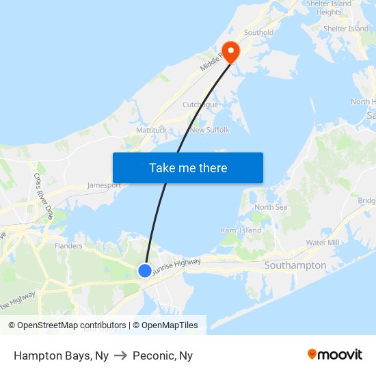 Hampton Bays, Ny to Peconic, Ny map