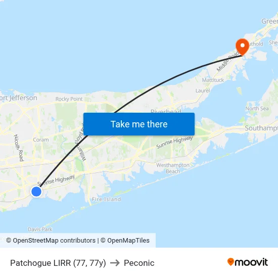 Patchogue LIRR (77, 77y) to Peconic map