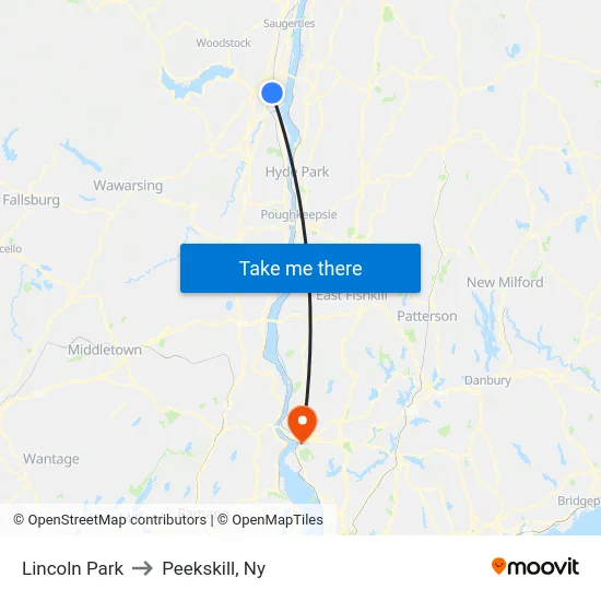 Lincoln Park to Peekskill, Ny map