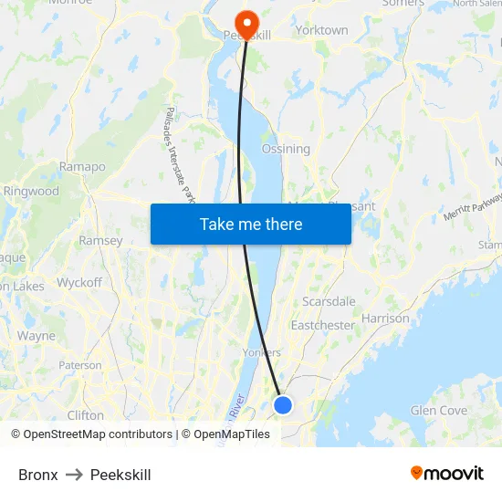 Bronx to Peekskill map