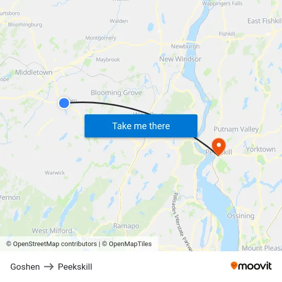 Goshen to Peekskill map