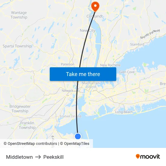 Middletown to Peekskill map