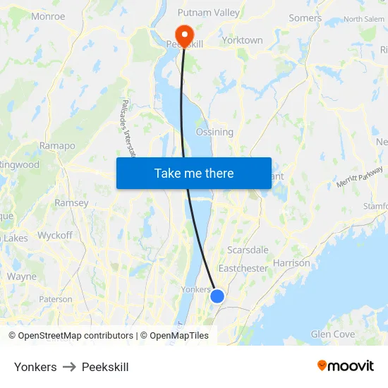 Yonkers to Peekskill map