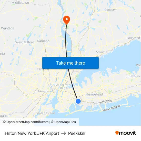Hilton New York JFK Airport to Peekskill map