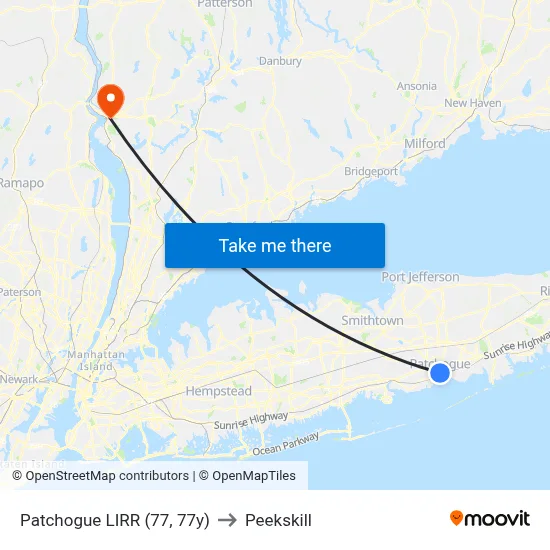 Patchogue LIRR (77, 77y) to Peekskill map