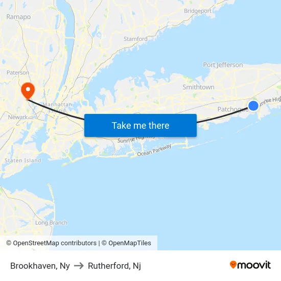 Brookhaven to Rutherford, Nj map