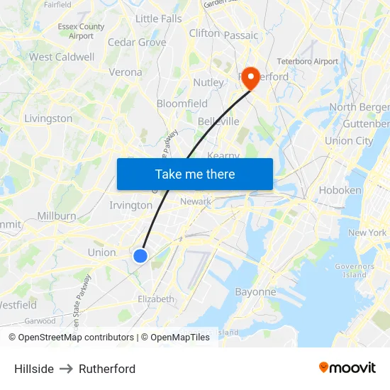 Hillside to Rutherford map