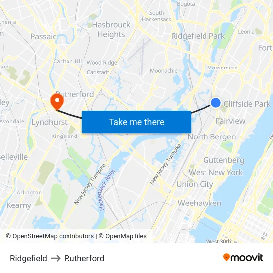 Ridgefield to Rutherford map