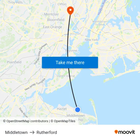 Middletown to Rutherford map