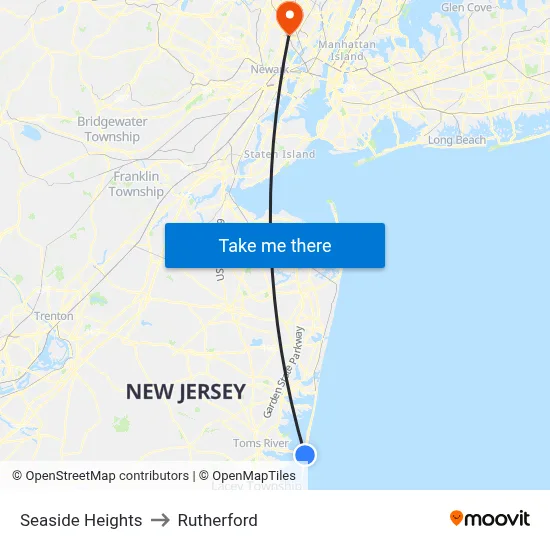 Seaside Heights to Rutherford map