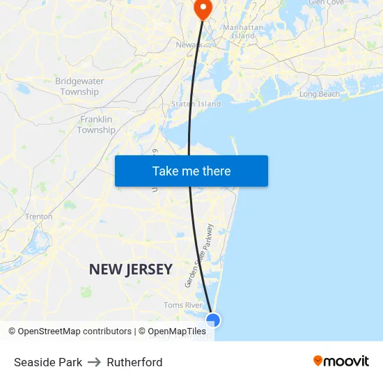 Seaside Park to Rutherford map