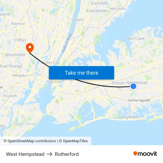 West Hempstead to Rutherford map