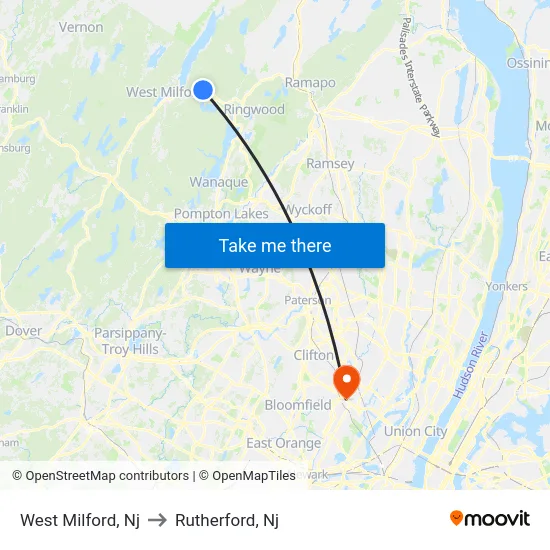 West Milford to Rutherford, Nj map