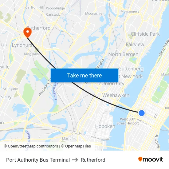 Port Authority Bus Terminal to Rutherford map