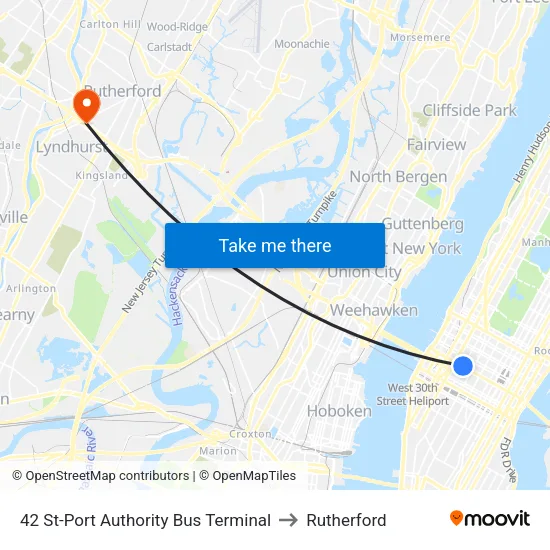 42 St-Port Authority Bus Terminal to Rutherford map