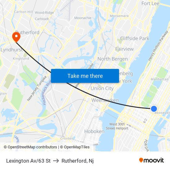 Lexington Av/63 St to Rutherford, Nj map