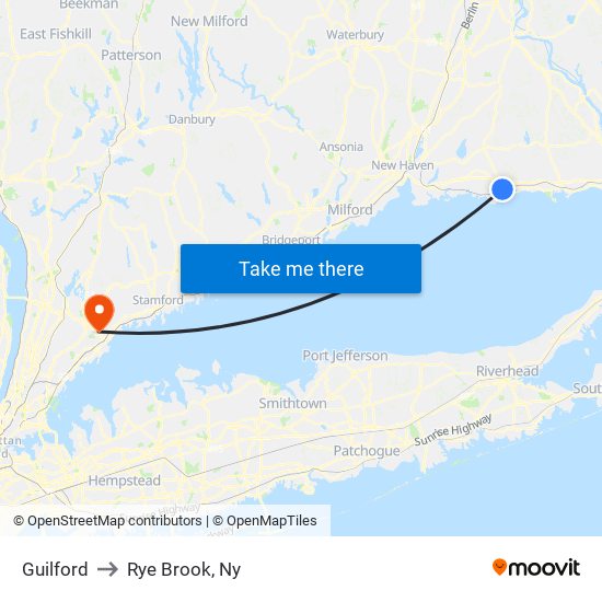 Guilford to Rye Brook, Ny map
