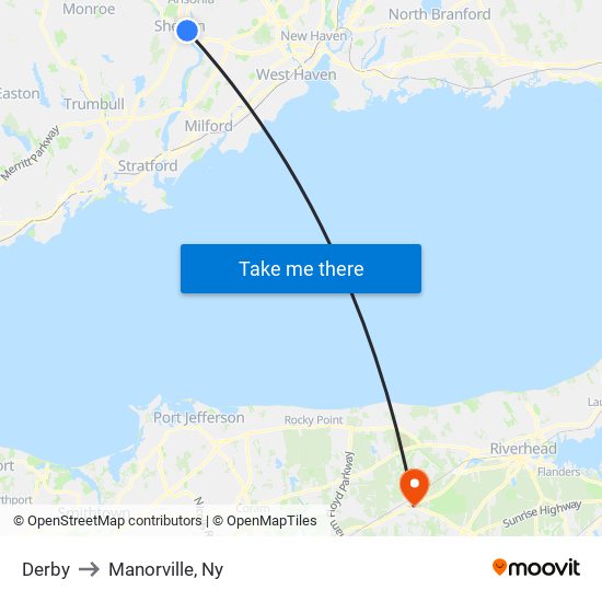 Derby to Manorville, Ny map