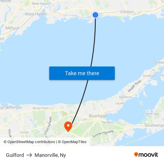 Guilford to Manorville, Ny map