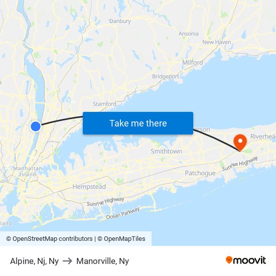 Alpine, Nj, Ny to Manorville, Ny map